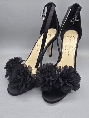 Jessica Simpson Black Floral-Accent Ankle-Strap Heels